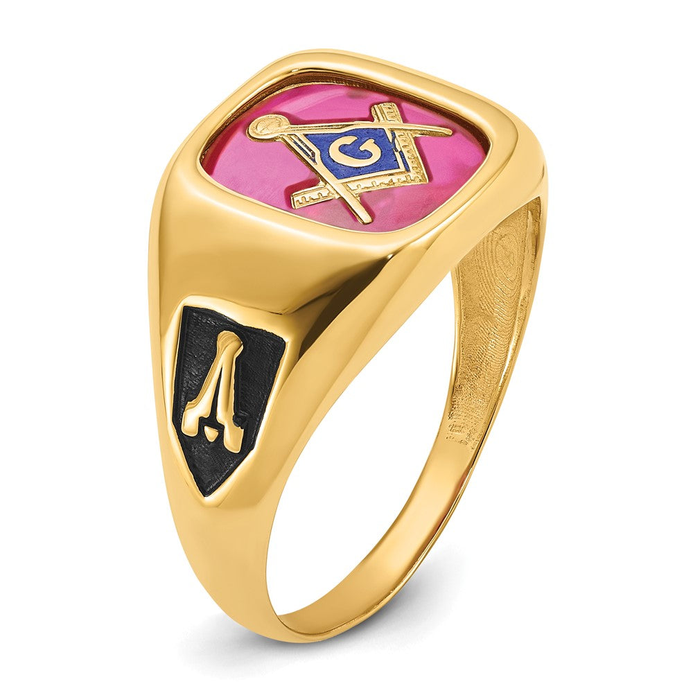 14k Men's Polished and Textured with Black Enamel and Lab Created Ruby Masonic Ring