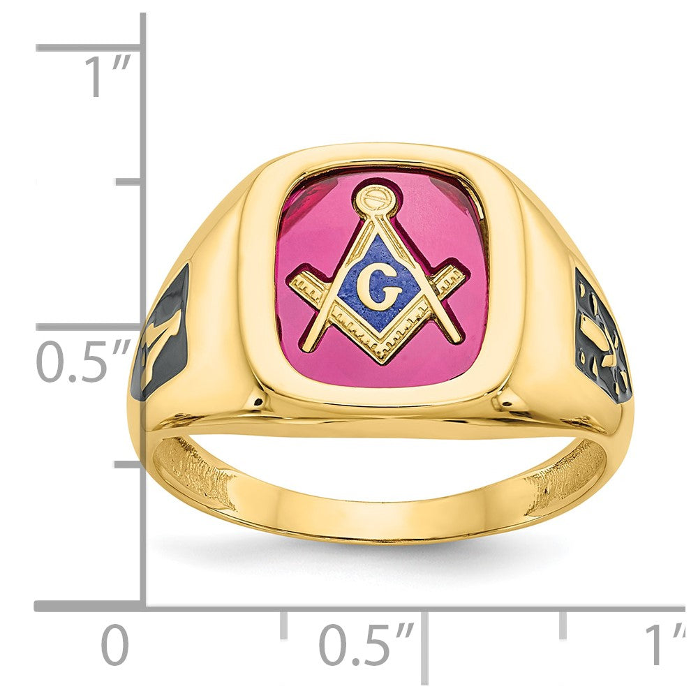 14k Men's Polished and Textured with Black Enamel and Lab Created Ruby Masonic Ring