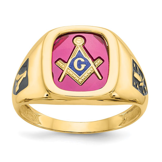 14k Men's Polished and Textured with Black Enamel and Lab Created Ruby Masonic Ring