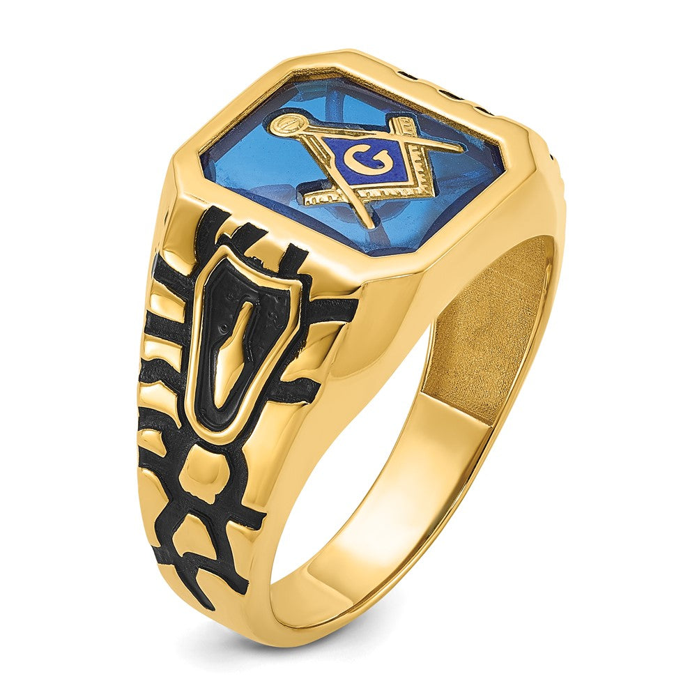 14k Men's Polished, Antiqued and Grooved with Imitation Blue Spinel Masonic Ring