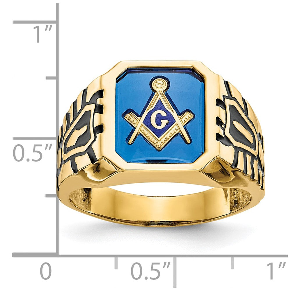 14k Men's Polished, Antiqued and Grooved with Imitation Blue Spinel Masonic Ring