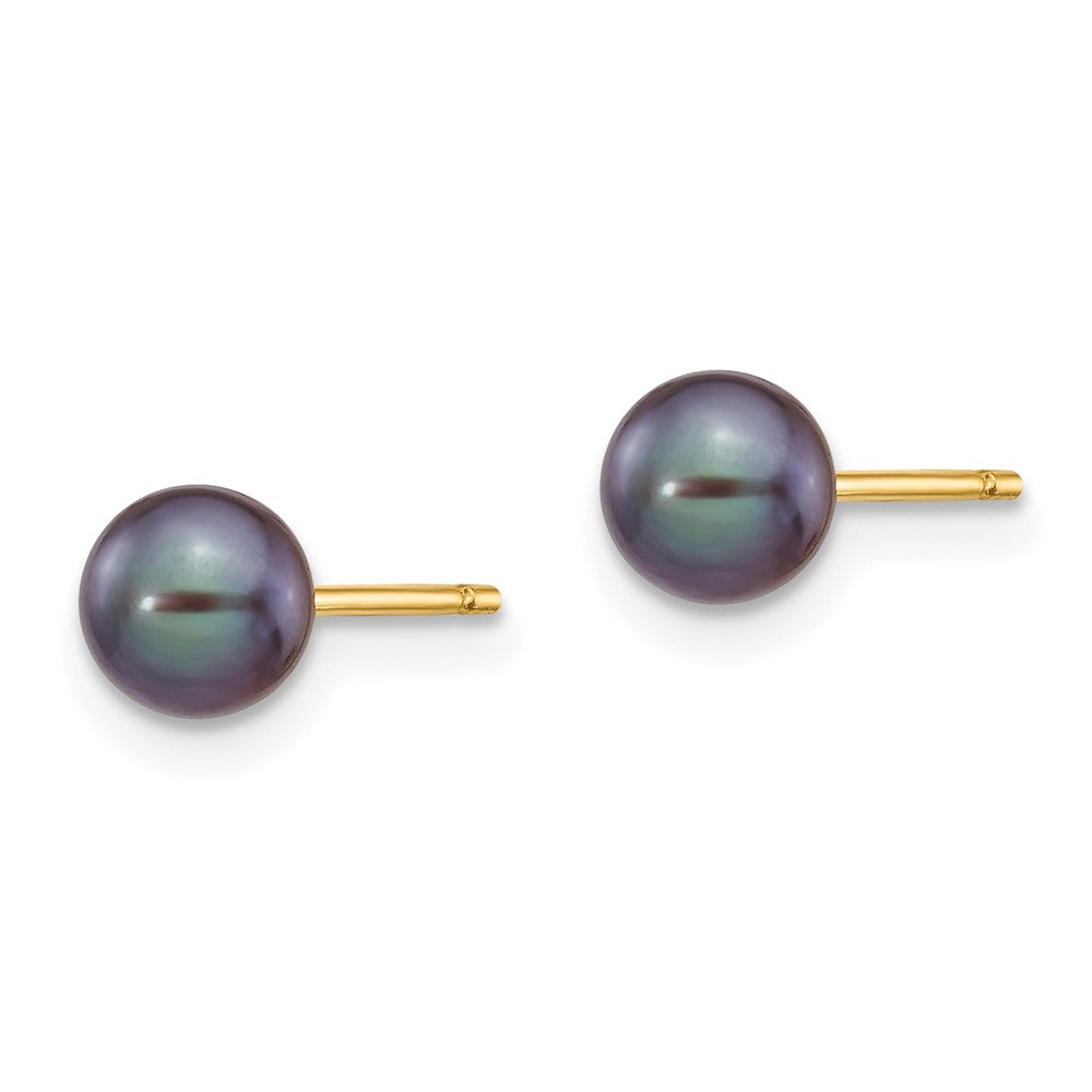 14k Yellow Gold 5-6mm Black Round Freshwater Cultured Pearl Stud Post Earrings
