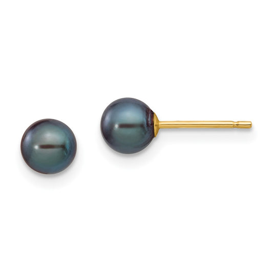 14k Yellow Gold 5-6mm Black Round Freshwater Cultured Pearl Stud Post Earrings