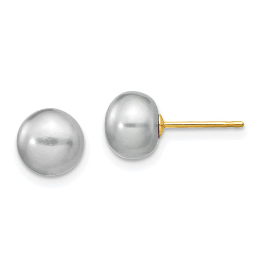 14k Yellow Gold 7-8mm Grey Button FW Cultured Pearl Stud Post Earrings