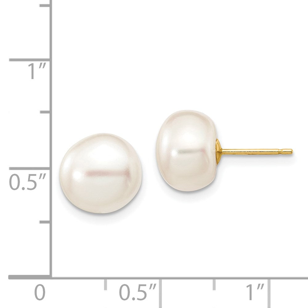 14k Yellow Gold 9-10mm White Button Freshwater Cultured Pearl Stud Post Earrings