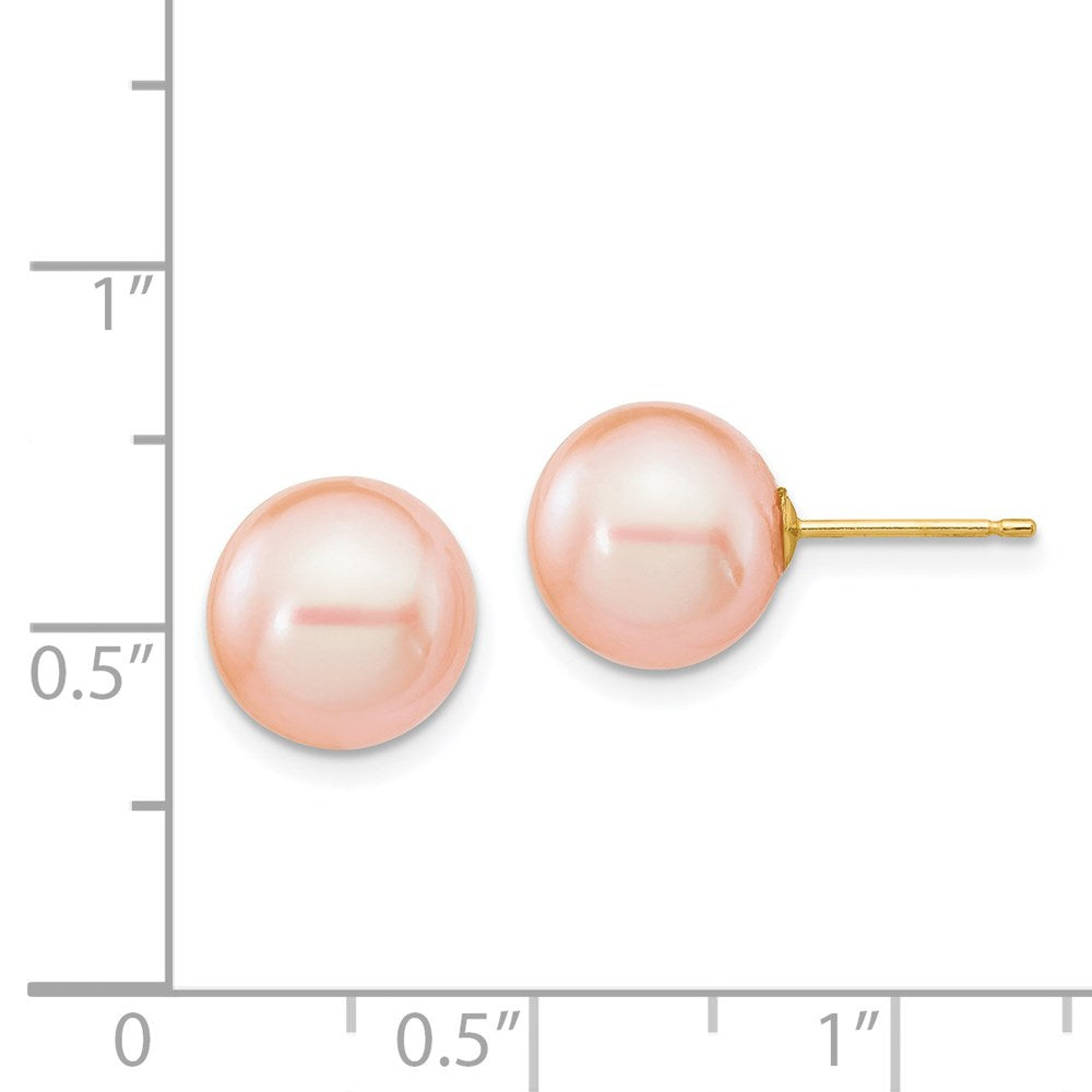 14k Yellow Gold 9-10mm Pink Round Freshwater Cultured Pearl Stud Post Earrings