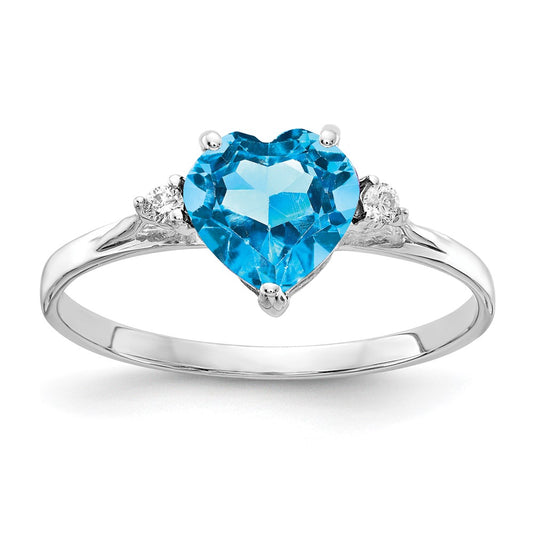 14k White Gold 7mm Heart Blue Topaz AA Diamond ring