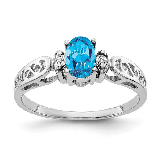 14k White Gold 6x4mm Oval Blue Topaz AAA Diamond ring