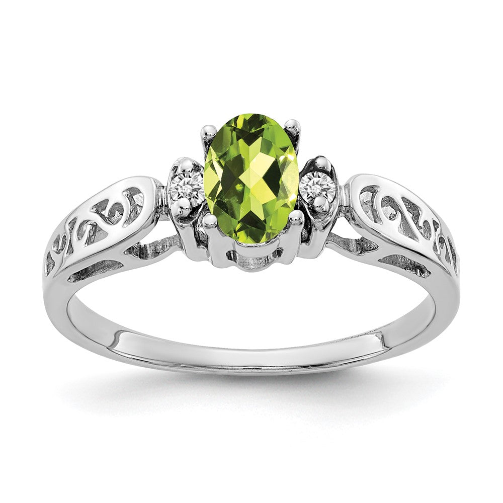 14k White Gold 6x4mm Oval Peridot AA Diamond ring