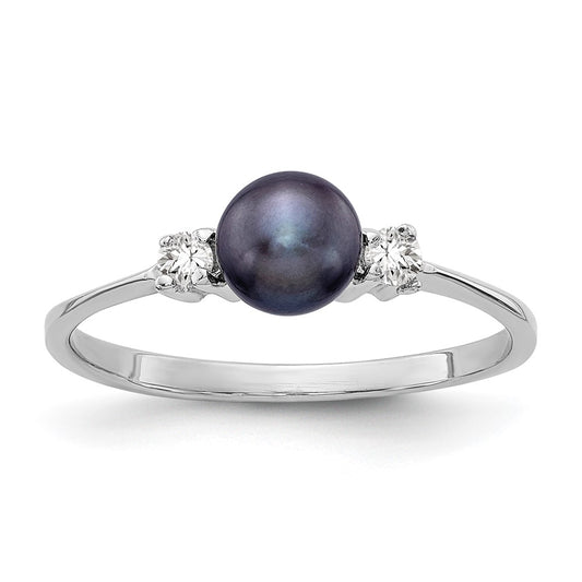 14k White Gold 5mm Black FW Cultured Pearl AA Diamond Ring