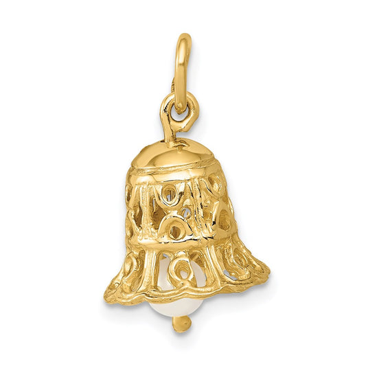 14k 3D Wedding Bell w/ Fresh Water Cultured Pearl Charm