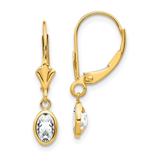 14k 6x4 Oval Bezel April/White Topaz Leverback Earrings