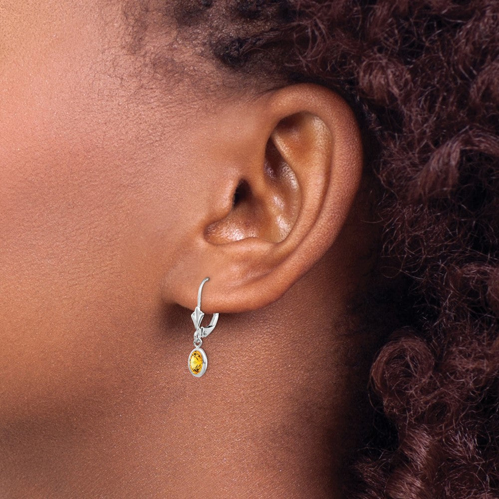 14k White Gold 6x4 Oval Bezel November/Citrine Leverback Earrings