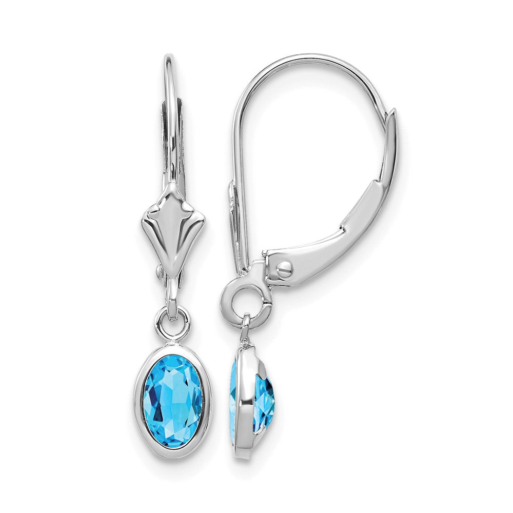 14k White Gold 6x4 Oval Bezel December/Blue Topaz Leverback Earrings