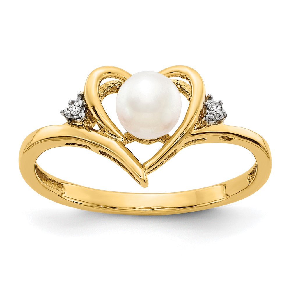 14k Yellow Gold FW Cultured Pearl and Diamond Heart Ring