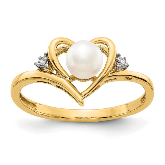 14k Yellow Gold FW Cultured Pearl and Diamond Heart Ring