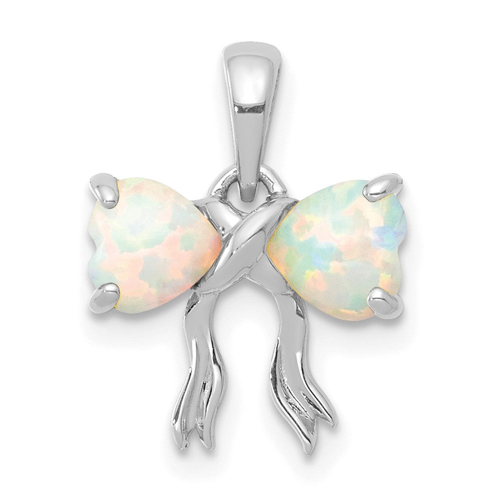 14k White Polished Created Opal Bow Pendant