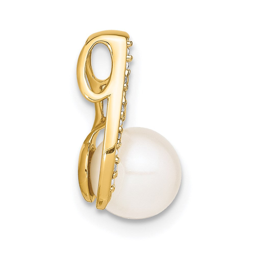 14k Yellow Gold 7-8mm Button White FWC Pearl and Rhodium Diamond Pendant