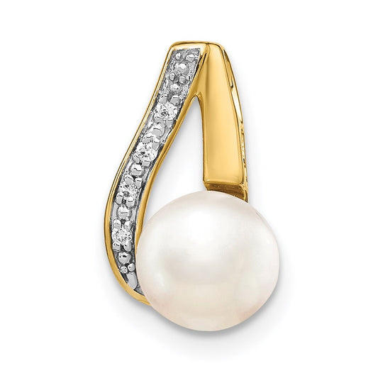 14k Yellow Gold 7-8mm Button White FWC Pearl and Rhodium Diamond Pendant