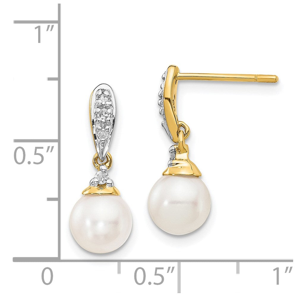 14k 6-7mm White Round FWC Pearl .08ct Diamond Dangle Earrings