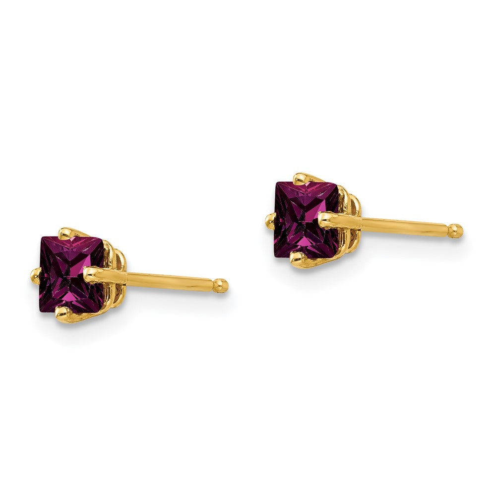14k Yellow Gold 4mm Princess Cut Rhodolite Garnet earring