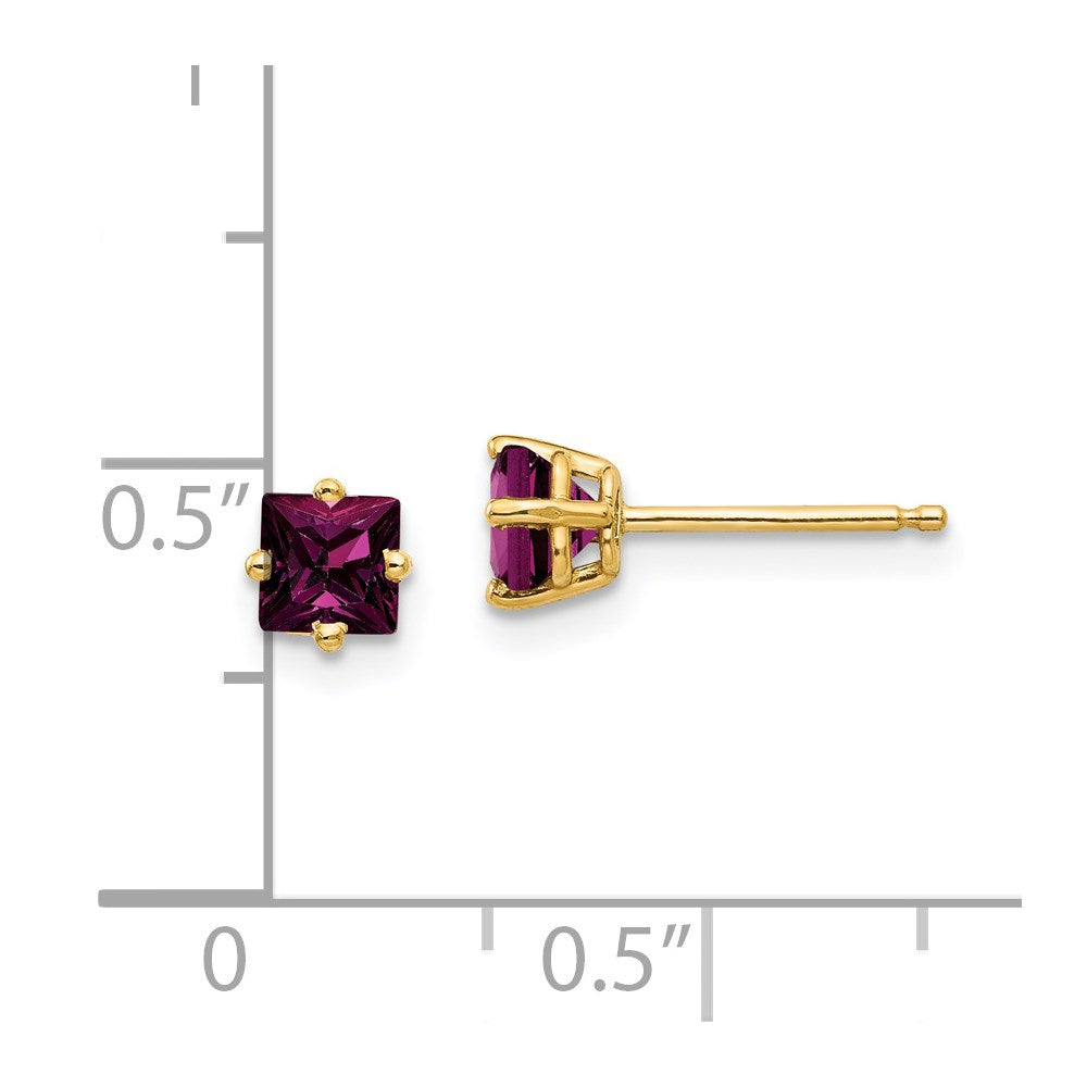 14k Yellow Gold 4mm Princess Cut Rhodolite Garnet earring