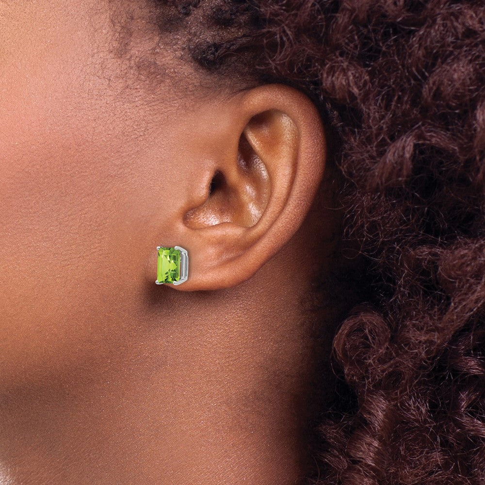 14k White Gold 8x6mm Emerald Cut Peridot Earrings