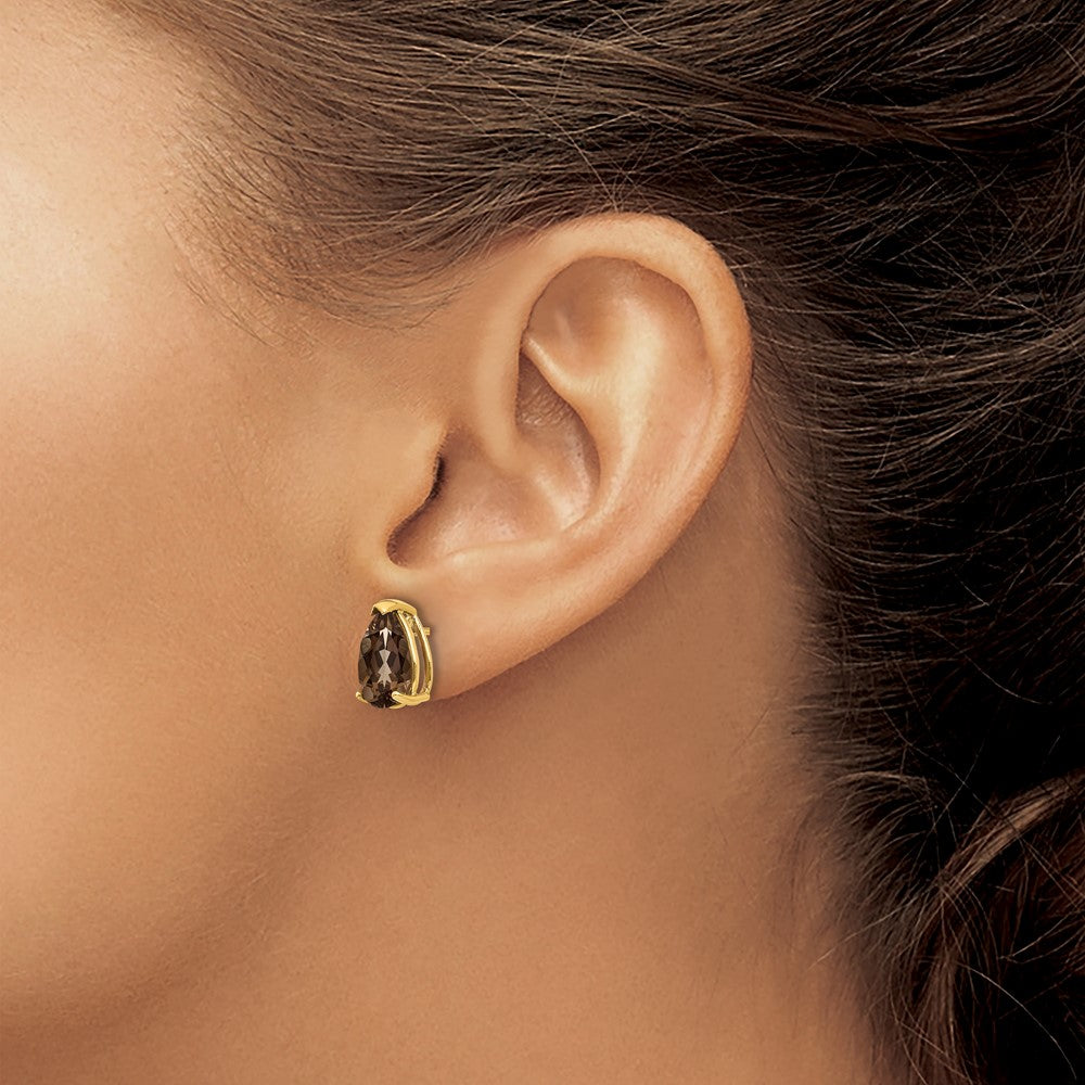 14k 10x7 Pear Checker-Cut Smoky Quartz Earrings