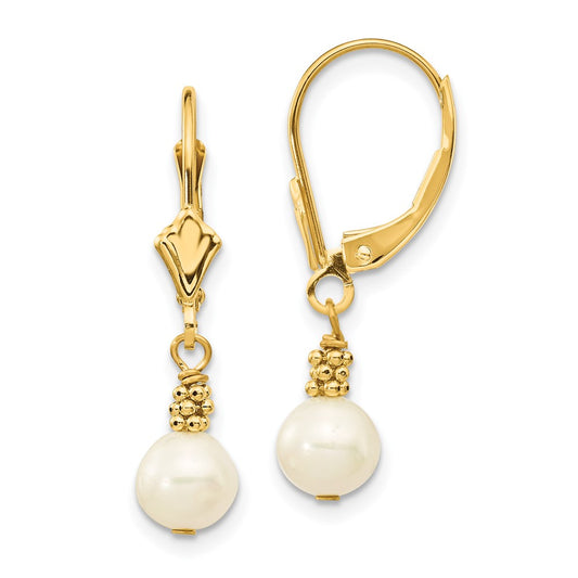 14k 5-6mm White Semi-round Freshwater Cultured Pearl Dangle Leverback Earrings