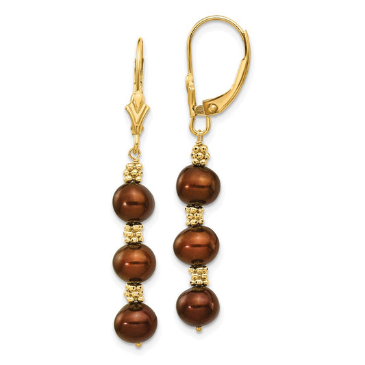 14K Yellow Gold 5-6mm Brown Semi-round FW Cultured Pearl Leverback Earrings