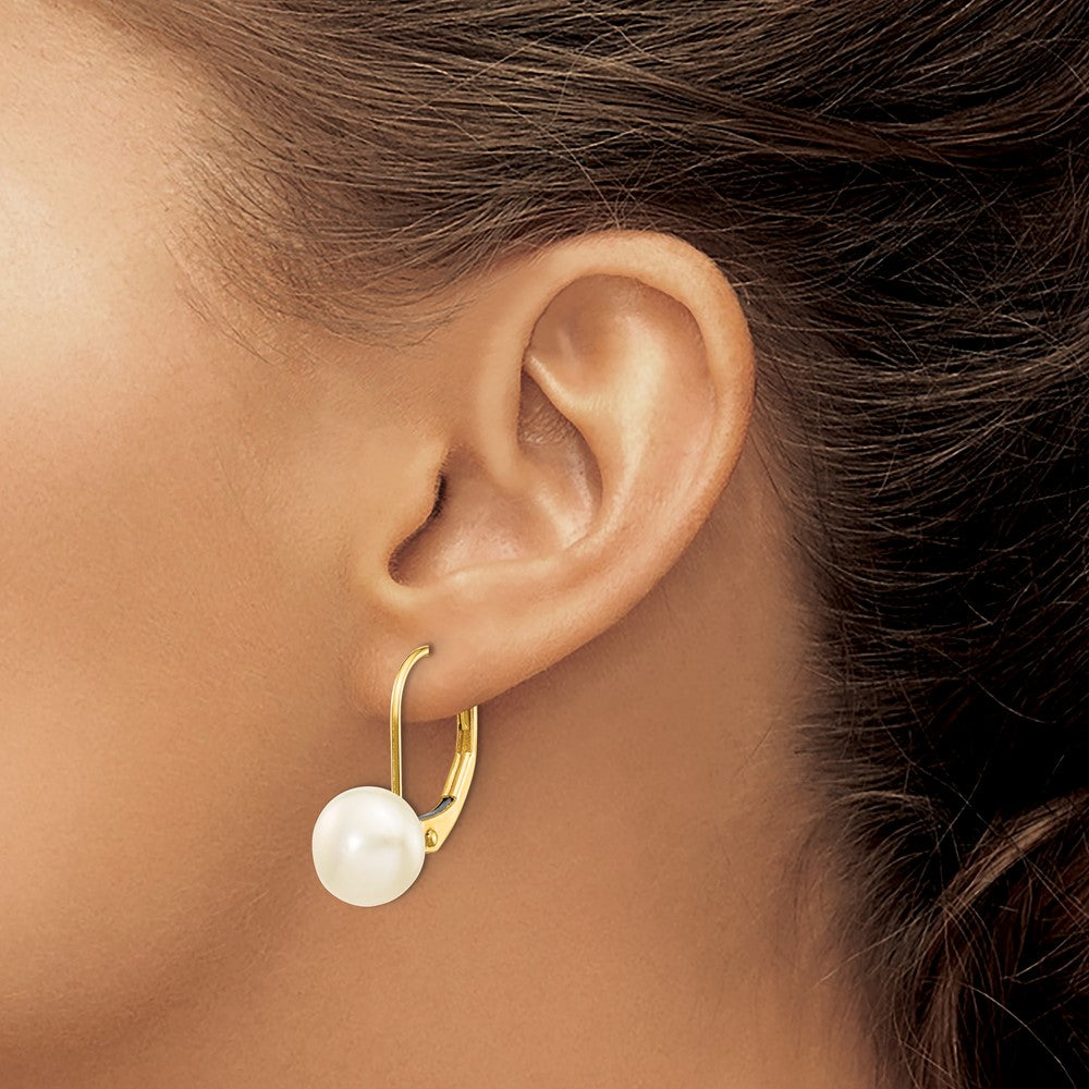 14K Yellow Gold 7-8mm White Button Freshwater Cultured Pearl Leverback Earrings