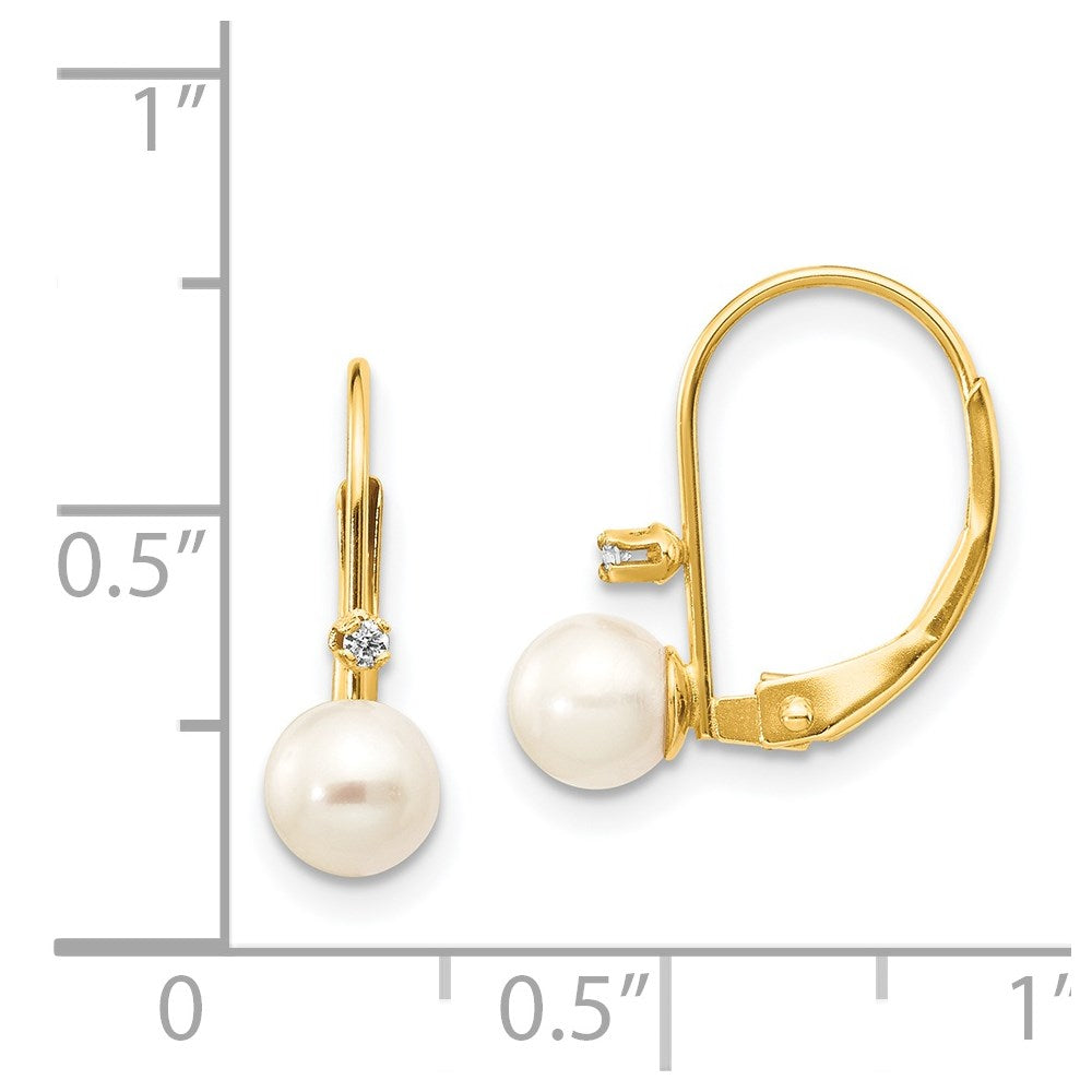 14k 5-6mm White Round Freshwater Cultured Pearl and .02 Carat Diamond Leverback Earrings