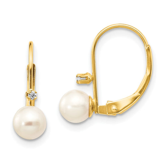 14k 5-6mm White Round Freshwater Cultured Pearl and .02 Carat Diamond Leverback Earrings