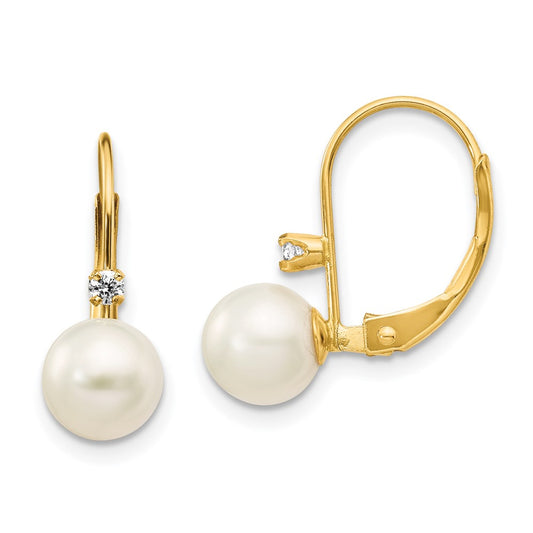 14k 6-7mm White Round Freshwater Cultured Pearl and .06 Carat Diamond Leverback Earrings