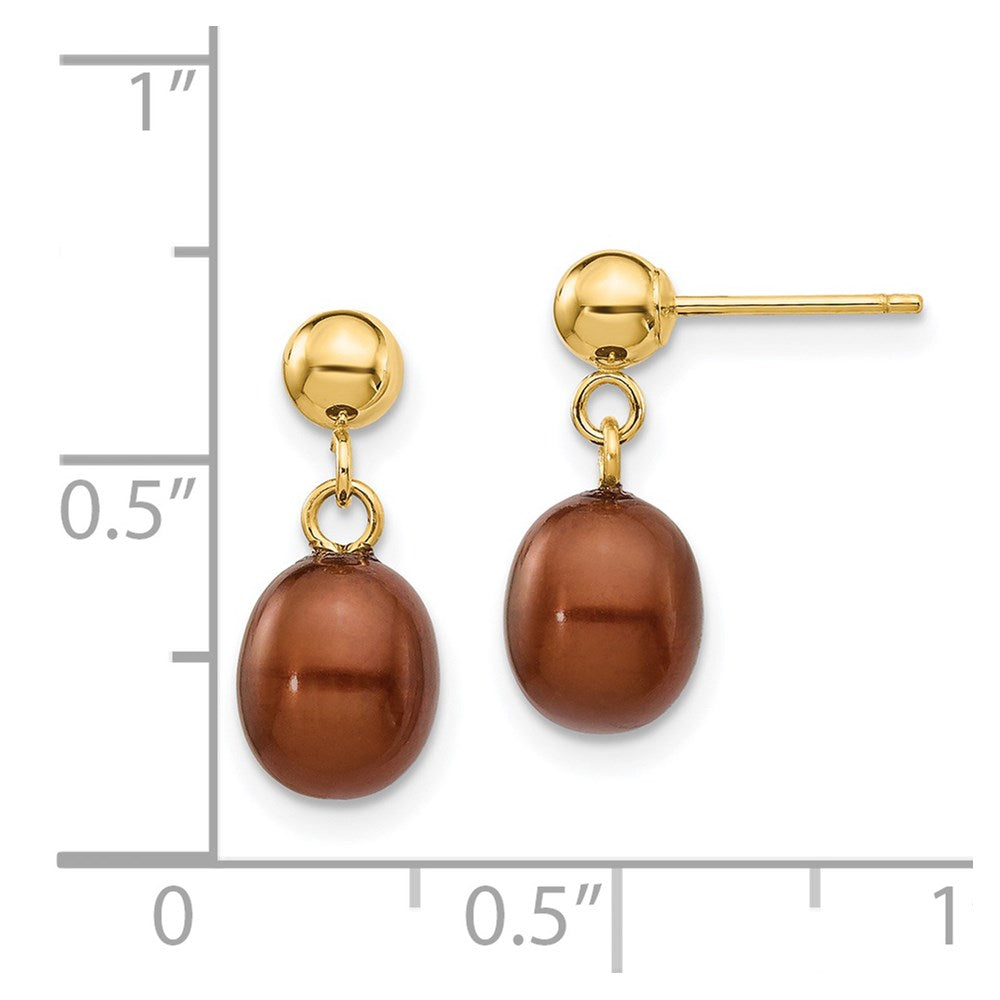 14k Yellow Gold 6-7mm Brown Rice Freshwater Cultured Pearl Dangle Post Earrings