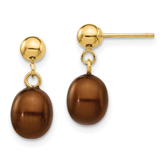 14k Yellow Gold 6-7mm Brown Rice Freshwater Cultured Pearl Dangle Post Earrings