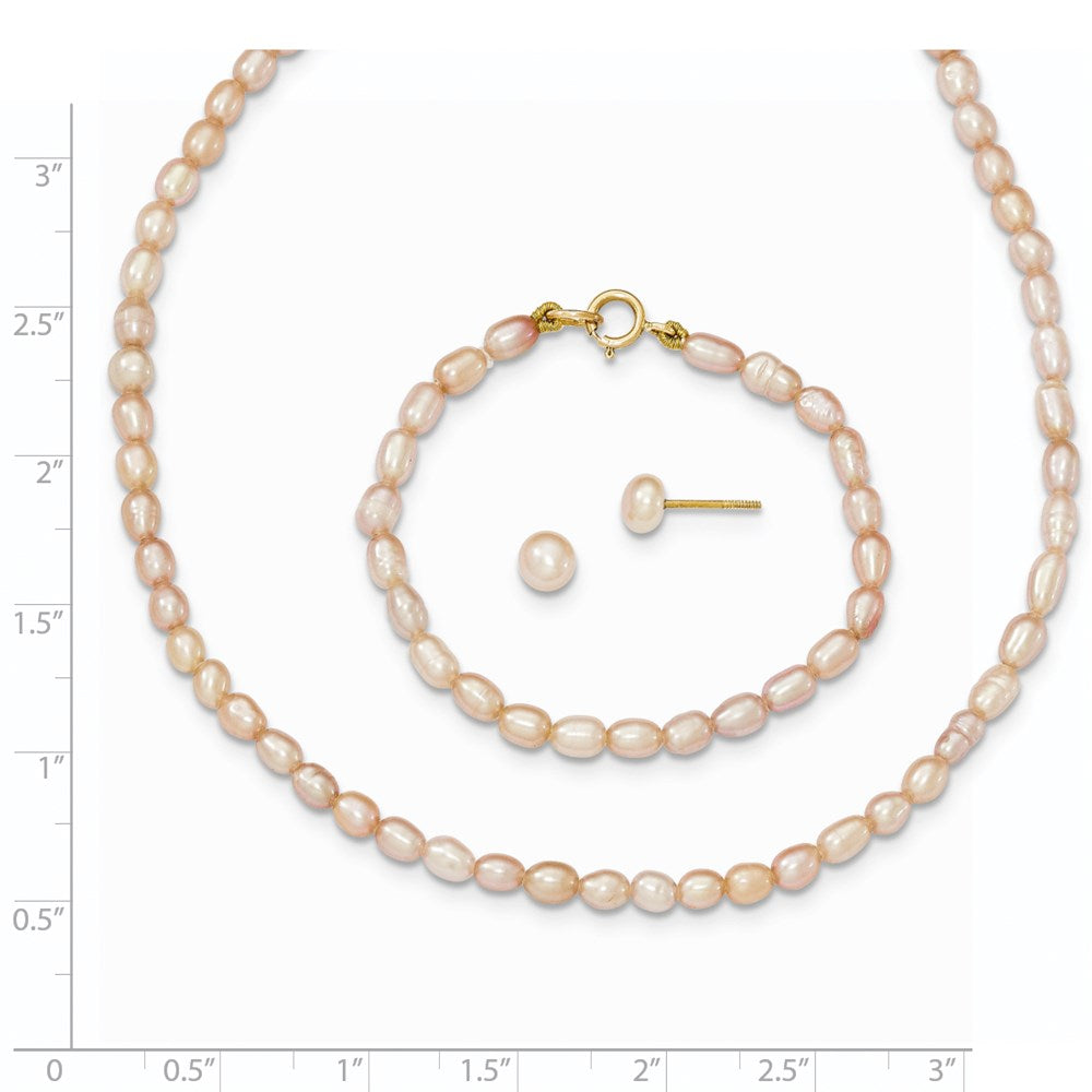14k 3-4mm Semi-Round Pink Freshwater Cultured Pearl 12 inch Necklace, 5 inch Bracelet and Post Earring Set