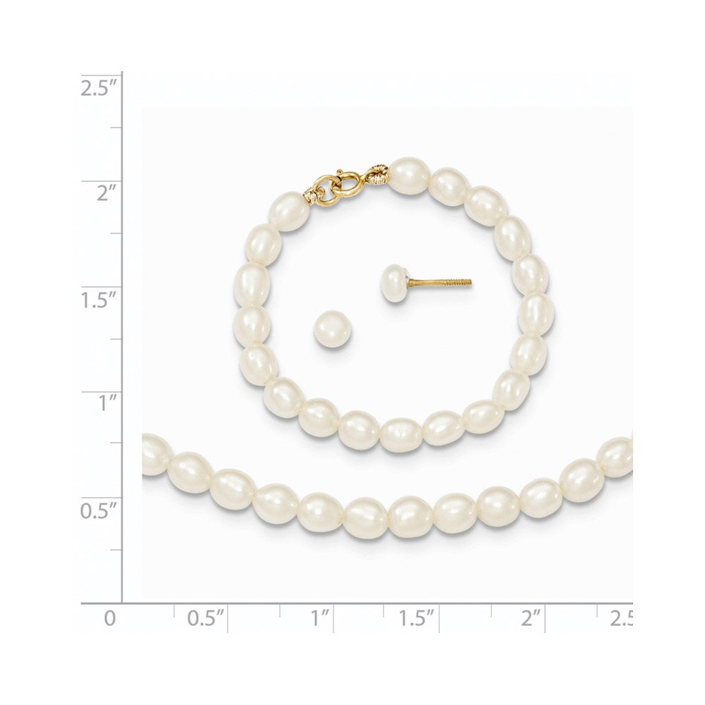 14k 3-4mm Semi-Round White Freshwater Cultured Pearl 12 inch Necklace, 4 inch Bracelet and Post Earrings Set