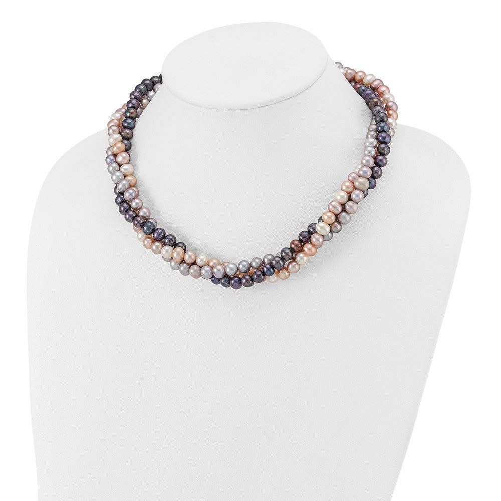 14k White Gold 6-7mm Multicolor Near-Round Freshwater Cultured Pearl 3-Strand 18 inch Necklace