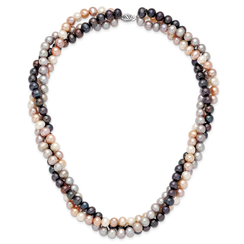 14k White Gold 6-7mm Multicolor Near-Round Freshwater Cultured Pearl 3-Strand 18 inch Necklace