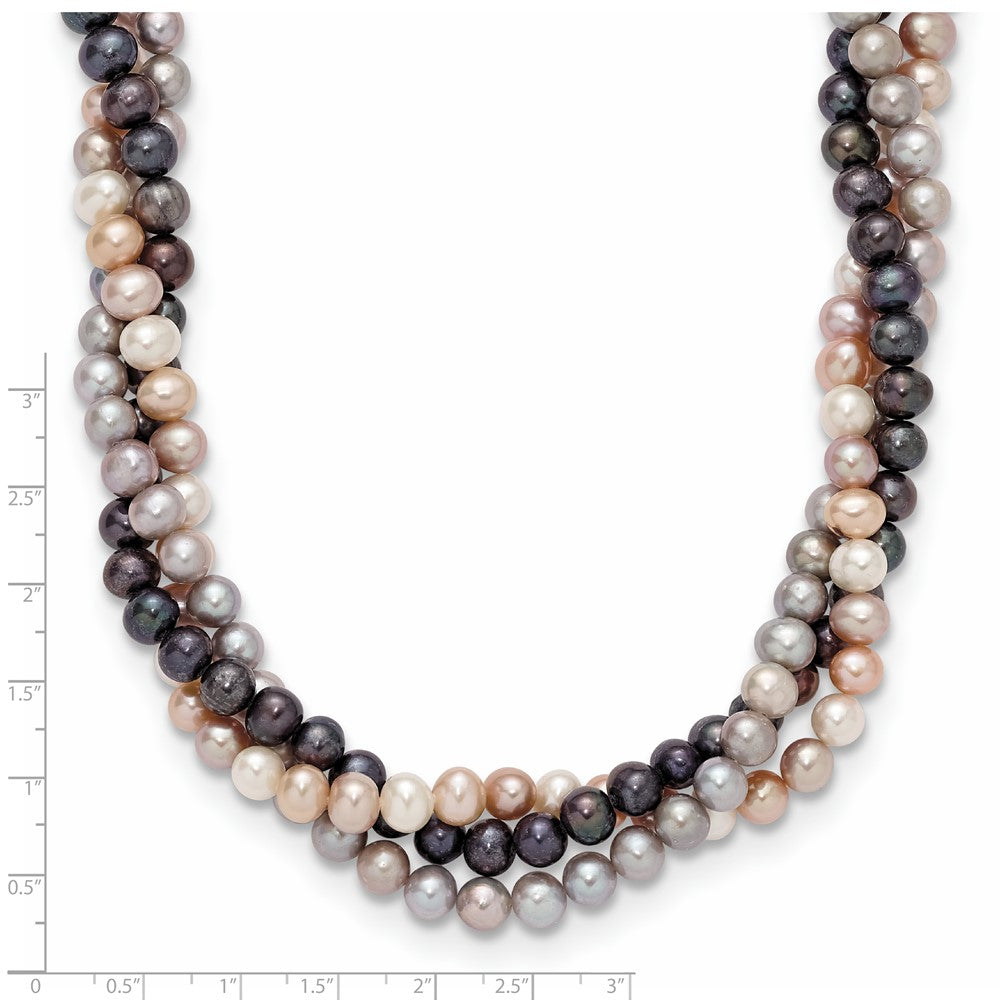 14k White Gold 6-7mm Multicolor Near-Round Freshwater Cultured Pearl 3-Strand 18 inch Necklace