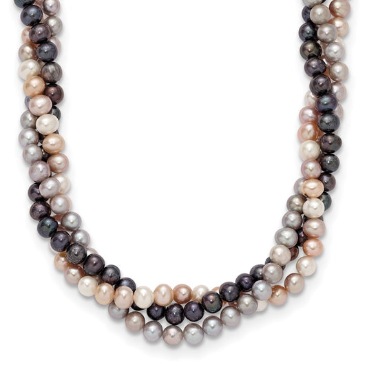 14k White Gold 6-7mm Multicolor Near-Round Freshwater Cultured Pearl 3-Strand 18 inch Necklace