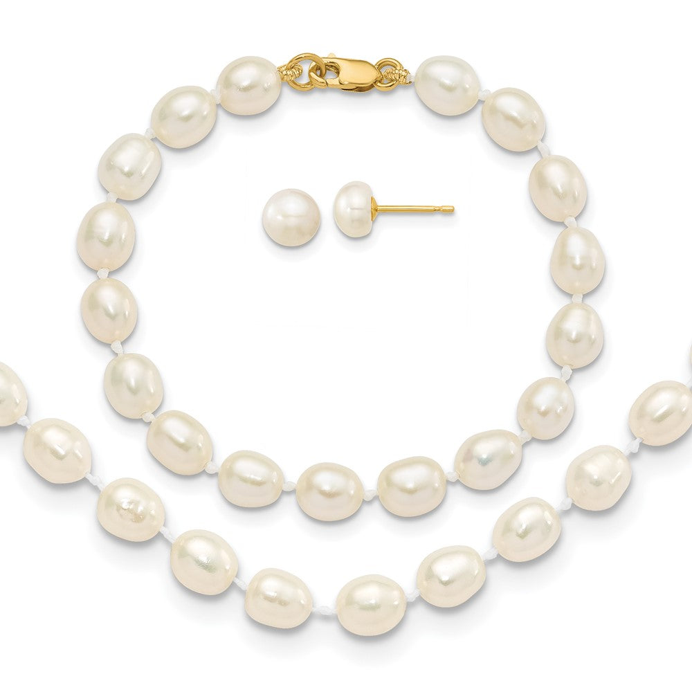 14k 5-6mm White Freshwater Cultured Pearl 5 inch Bracelet, 14 inch Necklace and Post Earrings Set