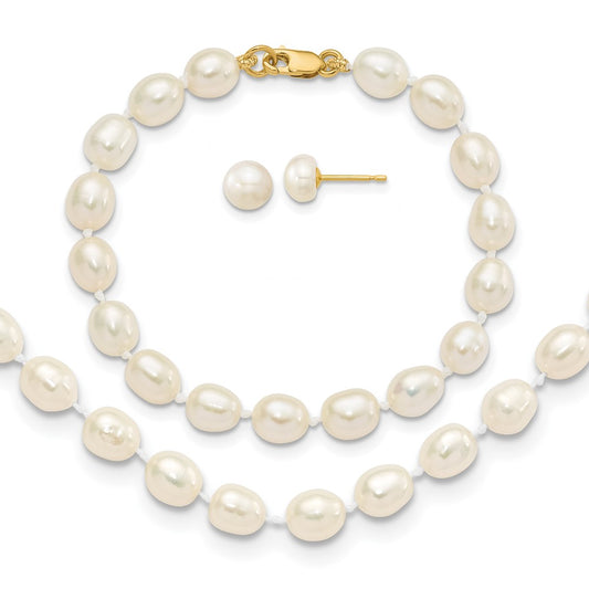 14k 5-6mm White Freshwater Cultured Pearl 5 inch Bracelet, 14 inch Necklace and Post Earrings Set