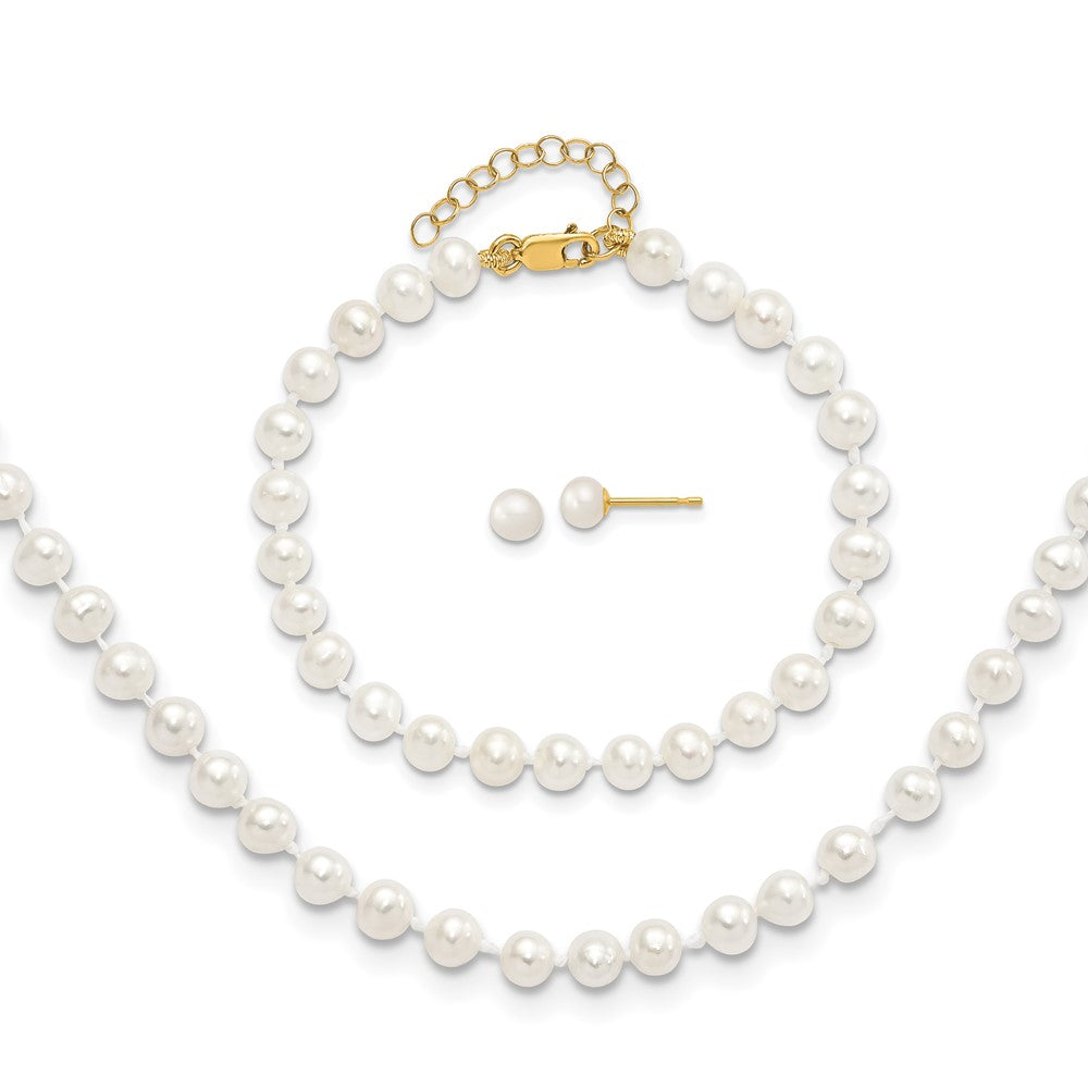 14k 4-5mm White Freshwater Cultured Pearl 5 inch Bracelet with 1 inch Extension, 14 inch Necklace with 1 inch Extension and Post Earrings Set