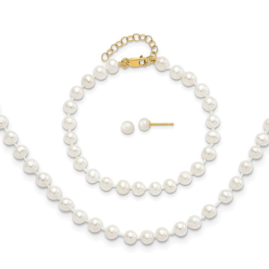 14k 4-5mm White Freshwater Cultured Pearl 5 inch Bracelet with 1 inch Extension, 14 inch Necklace with 1 inch Extension and Post Earrings Set