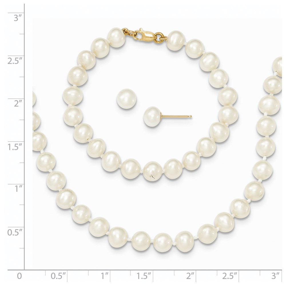 14k 5-6mm White Freshwater Cultured Pearl 5 inch Bracelet, 14 inch Necklace and Post Earrings Set