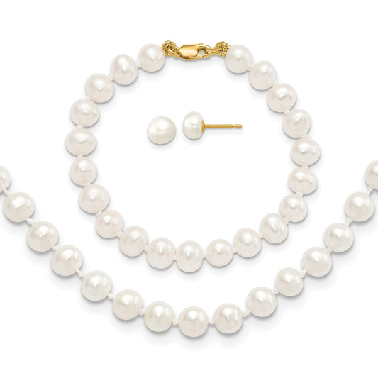 14k 5-6mm White Freshwater Cultured Pearl 5 inch Bracelet, 14 inch Necklace and Post Earrings Set