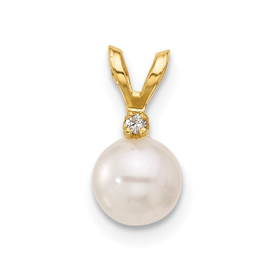 14k 5-6mm White Round Akoya Saltwater Cultured Pearl and .01 Carat Diamond Pendant