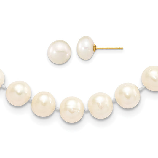 14k 7-8mm White Near-Round Freshwater Cultured Pearl 18 inch with 2 inch Extension Necklace and Button Earrings Set